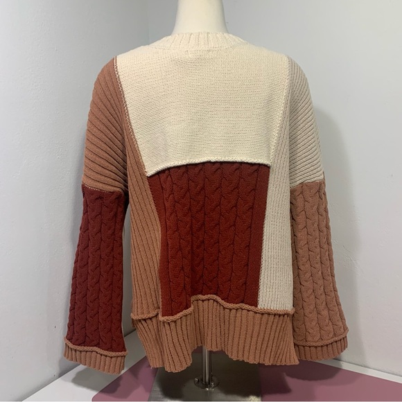 POL Oversized Color Block Cable Knit Sweater wide cropped sleeve Rust Cream - Picture 3 of 13